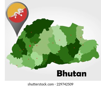 Bhutan political map with green shades and map pointer.