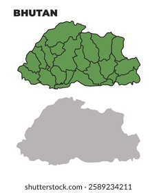 Bhutan political regions green outline map set