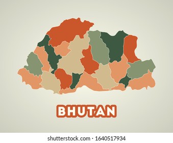Bhutan poster in retro style. Map of the country with regions in autumn color palette. Shape of Bhutan with country name. Captivating vector illustration.