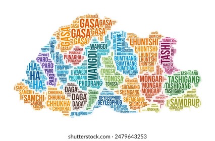 Bhutan region word cloud. Country shape design. Bhutan colored illustration. Region names collage cloud. Vector illustration.