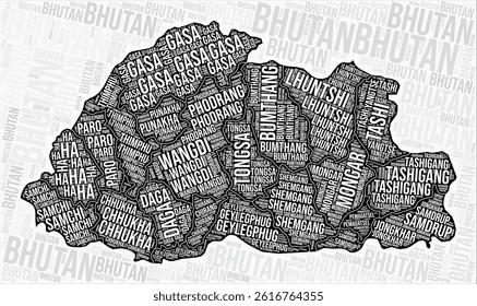 Bhutan regions map word cloud. Bhutan region names. Black and white map design. Elegant vector illustration.