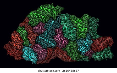 Bhutan Regions Word Clouds. Bright neon style design on dark background. Region names of the country in Dzongkha language. Country shape with administrative division. Elegant vector illustration.