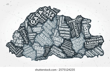 Bhutan regions word clouds. Country shape on textured background. Bhutan design in typographic style. Retro vector illustration.