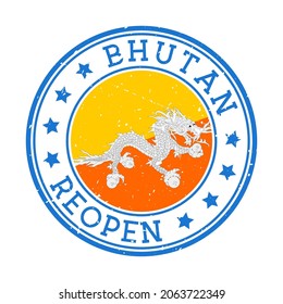 Bhutan Reopening Stamp. Round badge of country with flag of Bhutan. Reopening after lock-down sign. Vector illustration.