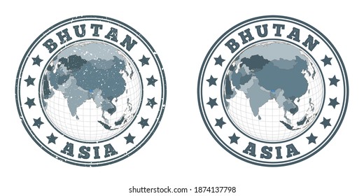 Bhutan round logos. Circular badges of country with map of Bhutan in world context. Plain and textured country stamps. Vector illustration.