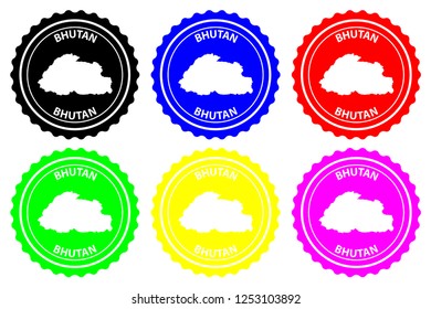 Bhutan - rubber stamp - vector, Kingdom of Bhutan map pattern - sticker - black, blue, green, yellow, purple and red