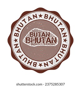 Bhutan seal. Country round logo with shape of Bhutan and country name in multiple languages wordcloud. Awesome emblem. Vibrant vector illustration.