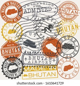 Bhutan Set of Stamps. Travel Passport Stamp. Made In Product. Design Seals Old Style Insignia. Icon Clip Art Vector.