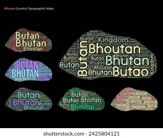 Bután. Conjunto de ilustraciones de país de estilo tipográfico. Construcción de mapas de Bután de nombres de países horizontales y verticales. Ilustración vectorial.