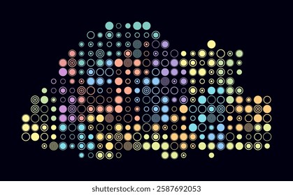 Bhutan, shape of the country build of colored cells. Digital style map of the Bhutan on dark background. Large size circle blocks. Vibrant vector illustration.