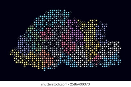 Bhutan, shape of the country built of colored cells. Digital style map of Bhutan on dark background. Small size rounded square blocks. Simple vector illustration.