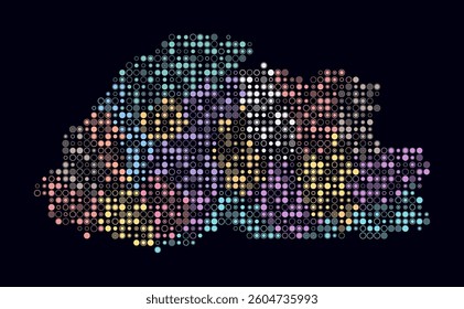 Bhutan, shape of the country built of colored cells. Digital style map of Bhutan on dark background. Small size circle blocks. Modern vector illustration.