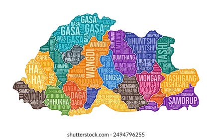 Bhutan shape. Country word cloud with region division. Bhutan colored illustration. Region names cloud. Vector illustration.