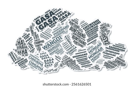 Bhutan shape text cloud. Country border with shadow on white background. Bhutan with regions division in vintage gazette style. Vibrant vector illustration.