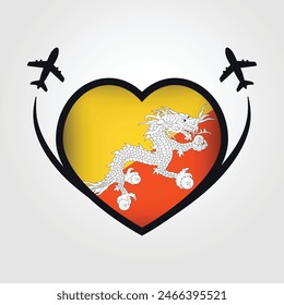 Bhutan Travel Heart Flag With Airplane Icons