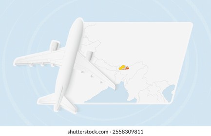 Bhutan Travel Illustration with Plane and National Flag. Ideal for travel agencies, promotional materials, or geographic content related to Bhutan.