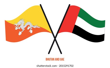 Banderas de Bután y Emiratos Árabes Unidos cruzan y ondean estilo plano. Proporción oficial. Colores correctos.