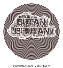 Imagen vectorial de Bután. Diseño de logotipo de campo. Afiche de Bután en arcos circulares y estilo de la nube de palabras. Ilustración vectorial genial.