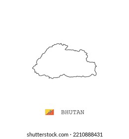 Bhutan vector map outline, line, linear. Bhutan black map on white background. Bhutan flag
