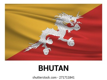 Bhutan Waving flag isolated vector in official colors and Proportion Correctly. waving wind Flag realistic fabric effect. country's name label in bottom
