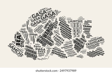 Bhutan Word Cloud. Country with regions division. Bhutan typographic text clouds vector image design. Vintage gazette style country shape image. Amazing vector illustration.