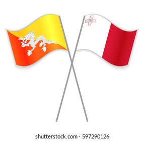 Bhutanese and Maltese crossed flags. Bhutan combined with Malta isolated on white. Language learning, international business or travel concept.