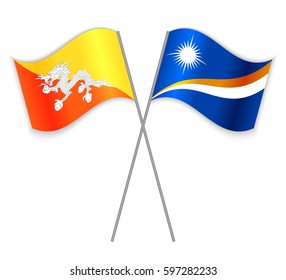 Bhutanese and Marshallese crossed flags. Bhutan combined with Marshall Islands isolated on white. Language learning, international business or travel concept.