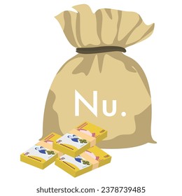 Bhutanese Ngultrum Vector Illustration. Bhutan money set bundle banknotes. Money bag 100 BTN. Flat style. Isolated on white background. Simple minimal design.