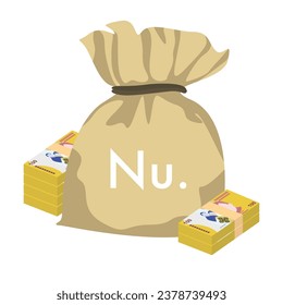 Bhutanese Ngultrum Vector Illustration. Bhutan money set bundle banknotes. Money bag 100 BTN. Flat style. Isolated on white background. Simple minimal design.