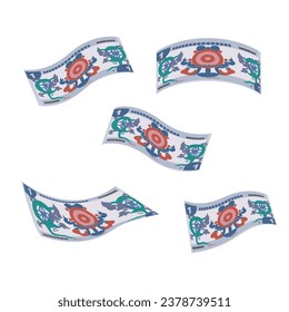 Bhutanese Ngultrum Vector Illustration. Bhutan money set bundle banknotes. Falling, flying money 1 BTN. Flat style. Isolated on white background. Simple minimal design.