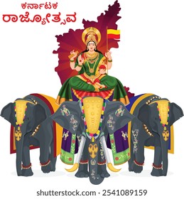 Bhuvaneshwari sentada en el elefante, madre de Kannada, Karnataka Rajyotsava, Día de la formación del estado de Karnataka, diosa bhuvaneshwari, el texto en el contenido principal es Karnataka rajyotsava en idioma kannada