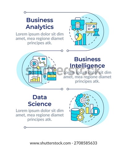 BI analysis techniques infographic vertical sequence. Business intelligence, data science. Visualization infochart with 3 steps. Circles workflow