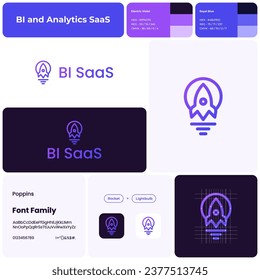 BI and analytics SaaS gradient business logo with brand name. Rocket and lightbulb icon. Design element. Visual identity. Poppins font. Suitable for business intelligence, software, cloud computing.