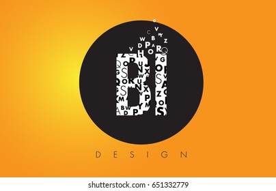 BI B I Logo Design Made of Small Letters with Black Circle and Yellow Background.