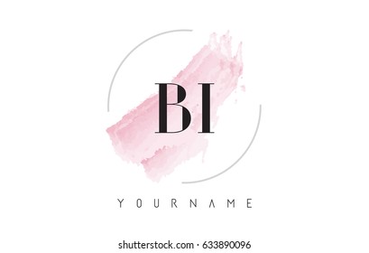 BI B I Watercolor Letter Logo Design with Circular Shape and Pastel Pink Brush.