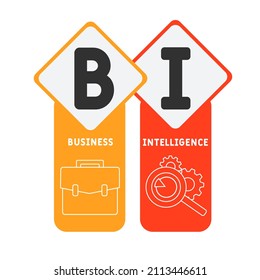 BI - Business Intelligence Akronym. Hintergrund des Unternehmenskonzepts. Vektorgrafik-Konzept mit Schlagwörtern und Symbolen. Buchstabengrafik mit Symbolen für Web-Banner, Flyer, Landing-Page