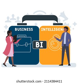 BI - Business Intelligence Akronym. Hintergrund des Unternehmenskonzepts. Vektorgrafik-Konzept mit Schlagwörtern und Symbolen. Buchstabengrafik mit Symbolen für Web-Banner, Flyer, Landing-Page