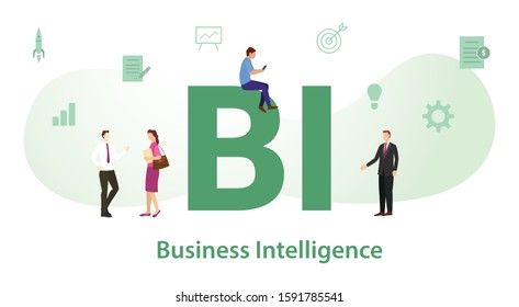 bi business intelligence concept with big word or text and team people with modern flat style - vector