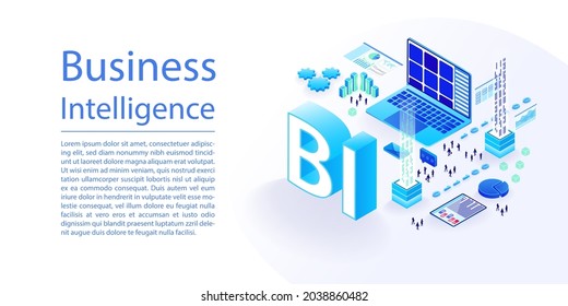 infografía vectorial de BI Business Intelligence en un amplio diseño de banners web. Procesamiento de portátiles y datos con iconos isométricos 3d.