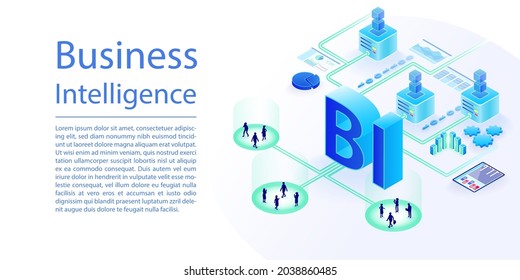 BI Business Intelligence vector infographic in wide web banner layout. Notebook and data processing with isometric 3d icons.