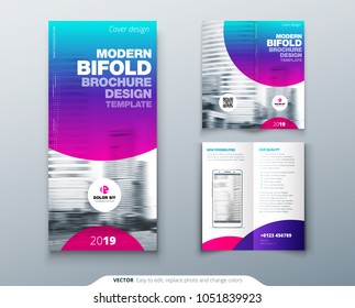 Bi fold brochure design. Cool business template for Bi fold flyer. Layout with modern circle photo and abstract background. Creative 2 fold flyer or brochure concept.