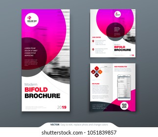 Bi fold brochure design. Pink business template for Bi fold flyer. Layout with modern circle photo and abstract background. Creative 2 fold flyer or brochure concept.