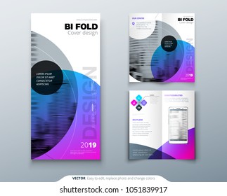 Bi fold brochure design. Purple corporate business template for bi fold flyer. Layout with modern circle photo and abstract background. Creative concept two folded flyer or brochure.