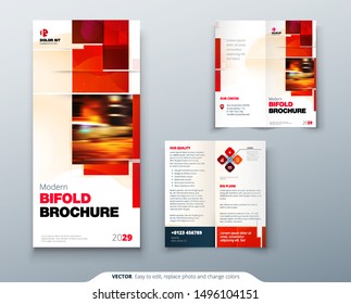 Bi fold brochure design with square shapes, corporate business template for bi fold flyer. Creative concept folded flyer or brochure.