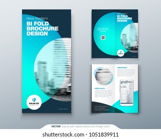 Bi fold brochure design. Teal, orange corporate business template for Bi fold flyer. Layout with modern circle photo and abstract background. Creative concept two folded flyer or brochure.