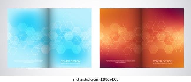 Bi fold brochure template with hexagons pattern. Geometric abstract background of molecular structures and chemical compounds