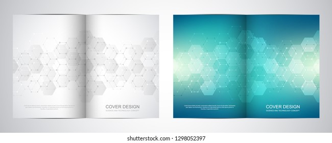 Bi fold brochure template with hexagons pattern. Geometric abstract background of molecular structures and chemical compounds