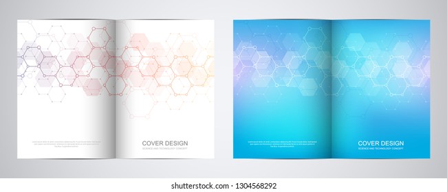Bi fold brochure template with hexagons pattern. Geometric abstract background of molecular structures and chemical compounds