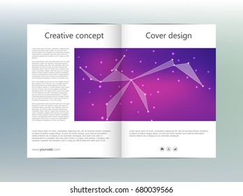 bi fold brochure template layout, flyer, cover, annual report, magazine in A4 size. Structure of molecular particles and atom. Polygonal abstract background. Vector illustration