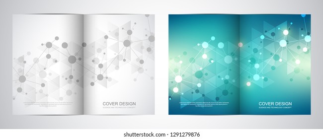 Bi fold brochure template with science and technology background. Geometric texture with molecular structures and chemical engineering